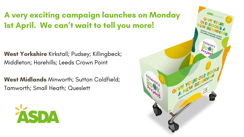 We are so excited at our new partnership with @asda. From 1st-21st April families can drop their pre-loved books in our donation trolley in ten Asda stores across Yorkshire & the West Midlands. It's easy to donate and your books will be gifted across your local community.