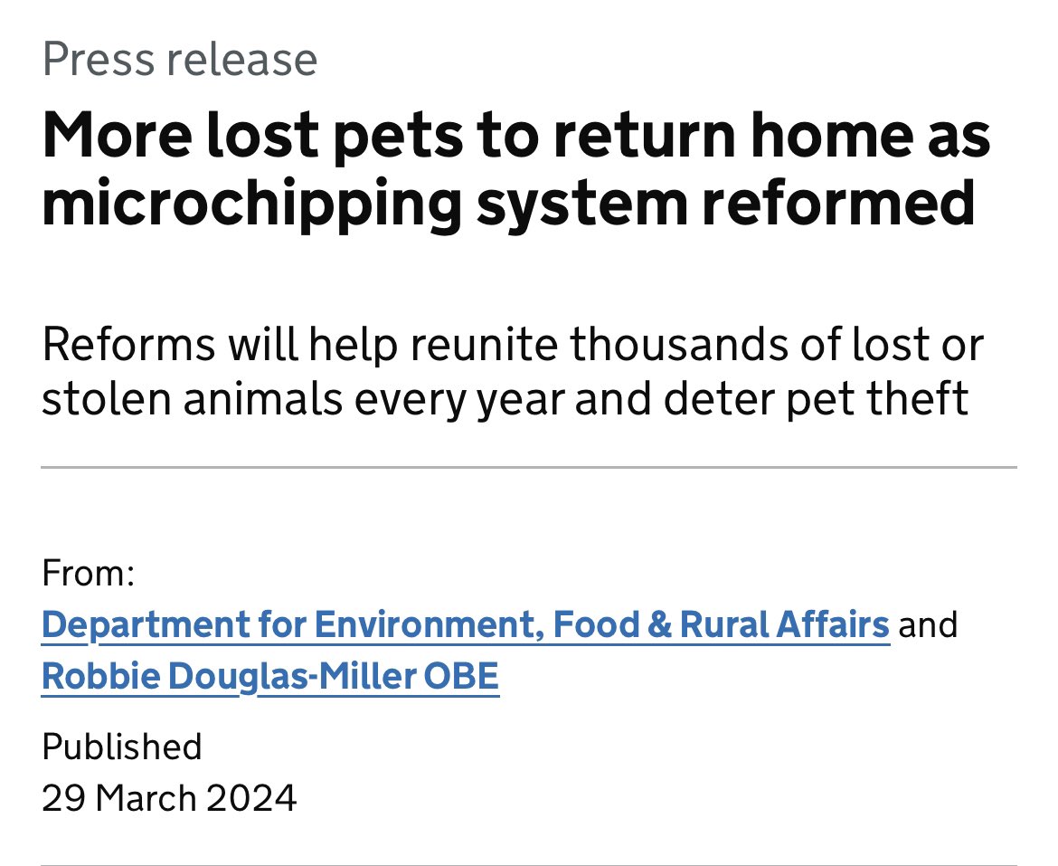 The #MakeChipsCount part of #PetTheftReform has been announced by @DefraGovUK. A central portal for approved users – including vets, local authorities, and police - will to be created to speed up searching microchip records. Amazing work, @PetTheftUK! gov.uk/government/new…