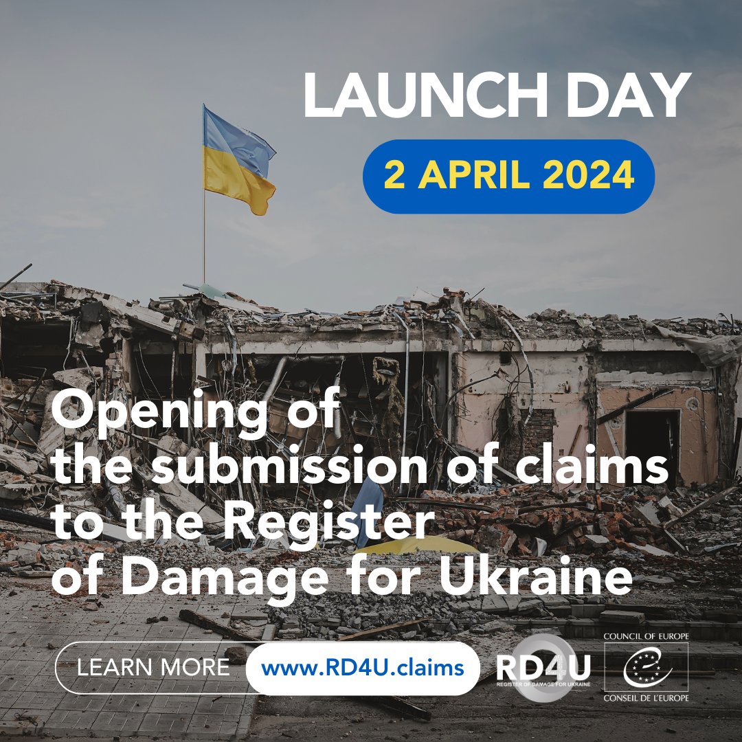 🗓 Mark your calendars ➡️ @RD4U_claims will open for the submission of #claims on 2 April 2024! #RD4U will record claims related to damage, loss, or injury caused by the aggression of the Russian Federation against #Ukraine and its people. 🔍 RD4U.claims