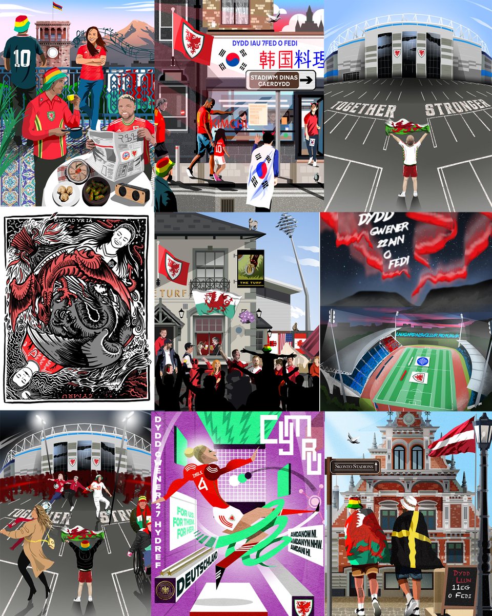 My artwork for @Cymru @FAWales since Bale's retirement. ❤️🏴󠁧󠁢󠁷󠁬󠁳󠁿So many lovely stories, tears, connections and a soul reverberating rollercoaster. If there were made available as cards, would there be an appetite to collect? @elisjames @smiddletonpatel @rapclassroom @sophieingle01