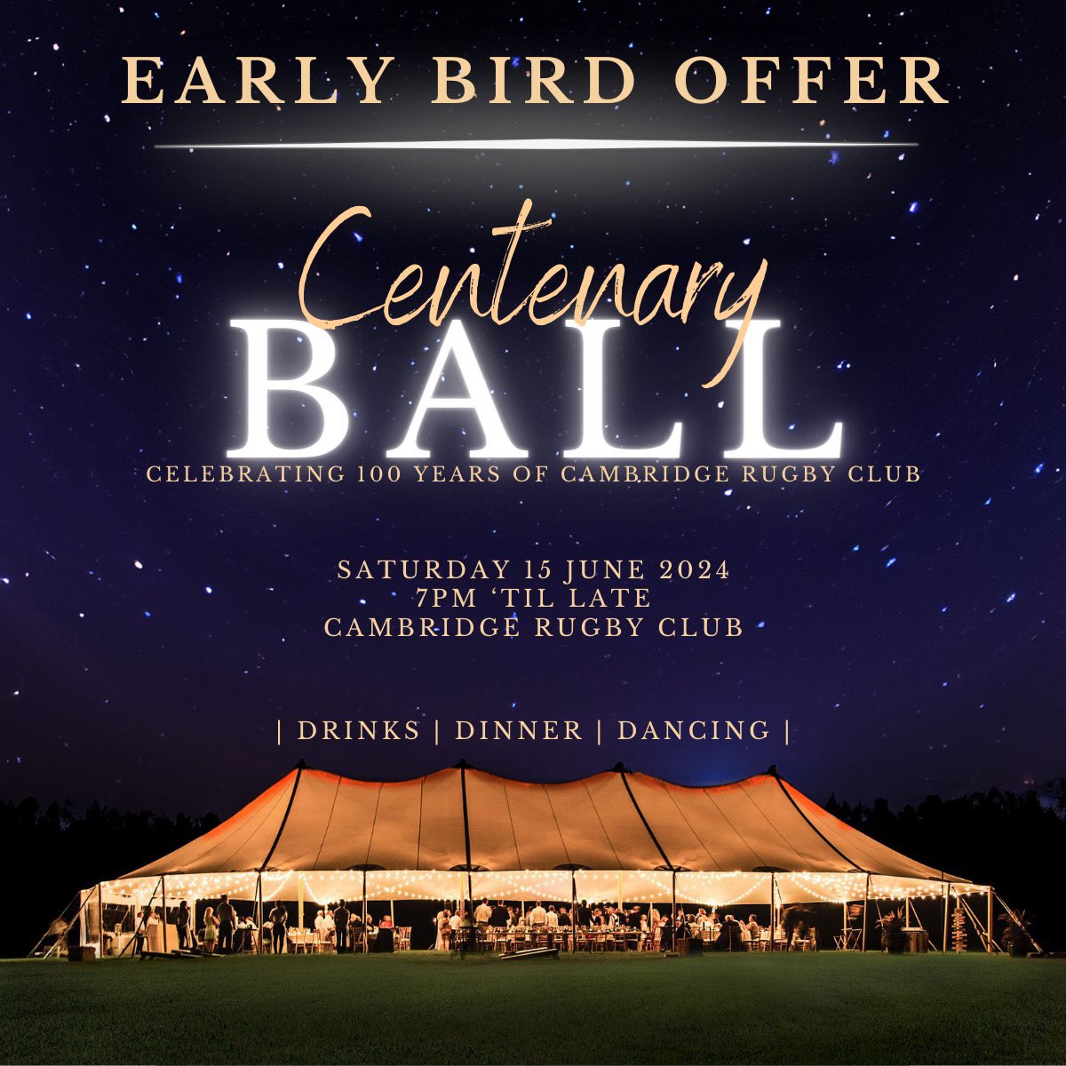 Last Chance 🚨🚨 Today is the final day to make the most of our early bird prices for our Centenary Ball 🔜 So gather your friends, colleagues, teammates and family for an unforgettable night at Cambridge Rugby Club this summer 💃🕺 📲 cambridgerugby.co.uk/event/crufc-ce…