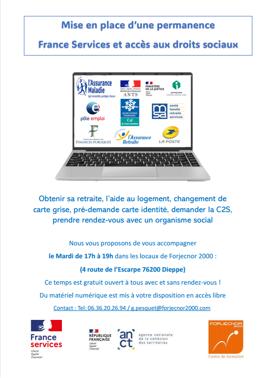 Forjecnor2000's tweet photo. La digitalisation des démarches est une des premières causes du renoncement aux prestations sociales. 
@Forjecnor 2000 met en place une permanence #FranceServices : 📅 Le mardi de 17h à 19h dans nos locaux (4 route de l'Escarpe 76200 Dieppe).
 #démarchesadministratives#gratuite. https://t.co/jVgSfIdrKs
