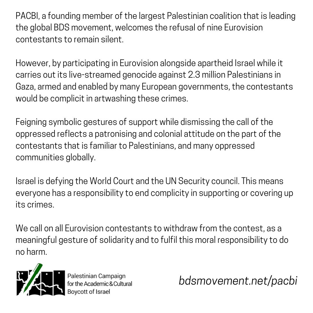 Palestinians respond to the nine @Eurovision contestants' statement.
