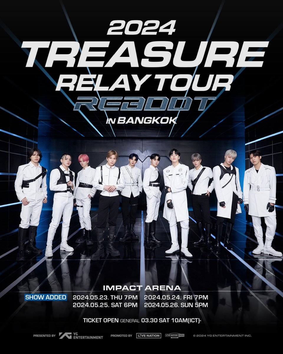 ประกาศเพิ่มรอบ! "2024 TREASURE RELAY TOUR [REBOOT] IN BANGKOK" 💎🙌 กับรอบการแสดงใหม่ ในวันที่ 23 พ.ค. 2567 อิมแพ็ค อารีน่า เมืองทองธานี
สำหรับรอบการแสดงใหม่นี้ จะเปิดจำหน่ายบัตรในวันที่ 30 มี.ค. 2567 รับคิว 9.00 น. และเปิดขาย 10.00 น. เป็นต้นไป ที่ bit.ly/TREASUREREBOOT…

‼️