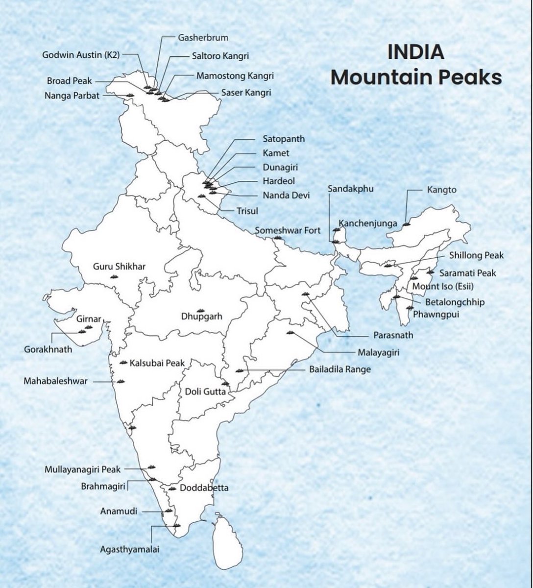 🗻Mountain Peaks

Mountain peaks state-wise:

Few examples:

1. Dhupgarh - MP
2. Guru Shikhar - Rajasthan
3. Kalsubai and Mahabaleshwar : Maharashtra.
4. Kanchenjunga - Sikkim
5. Parasnath - Jharkhand
6. Bailladila Range - Chattishgarh
7. Anaimudi - kerala
8. Agasthamalai - Tamil