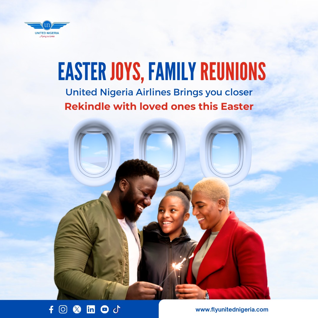 Reunite with loved ones and family this special season! ✨ Secure your tickets now with just a click on our website or a tap on our mobile app!✈️ 📷: Tirachard/Freepik #UnitedNigeriaAirlines #FlyUnitedNigeriaAirlines #FlyingToUnite #AMoreRewardingWayToFly #Easter #Easter2024…