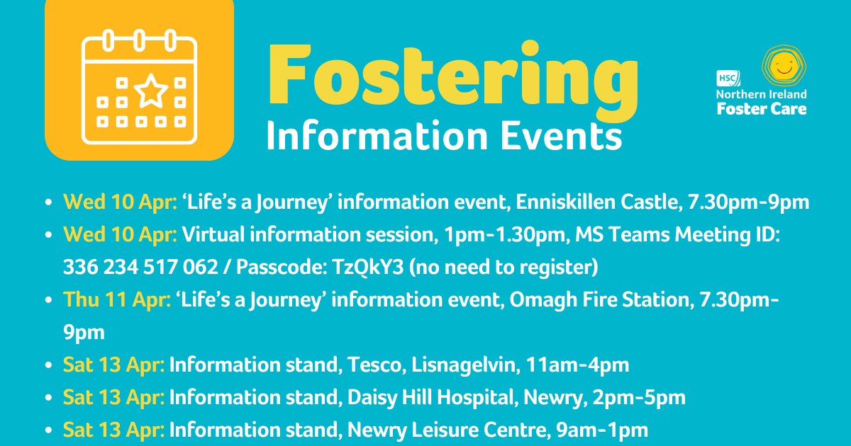 Lots of fostering info events on this week across NI! Whatever your question or query, we’re here to help.☺ Visit adoptionandfostercare.hscni.net/upcoming-foste… for details. #CouldYouFoster #giveachildabrighterfuture #HSCNIFosterCare