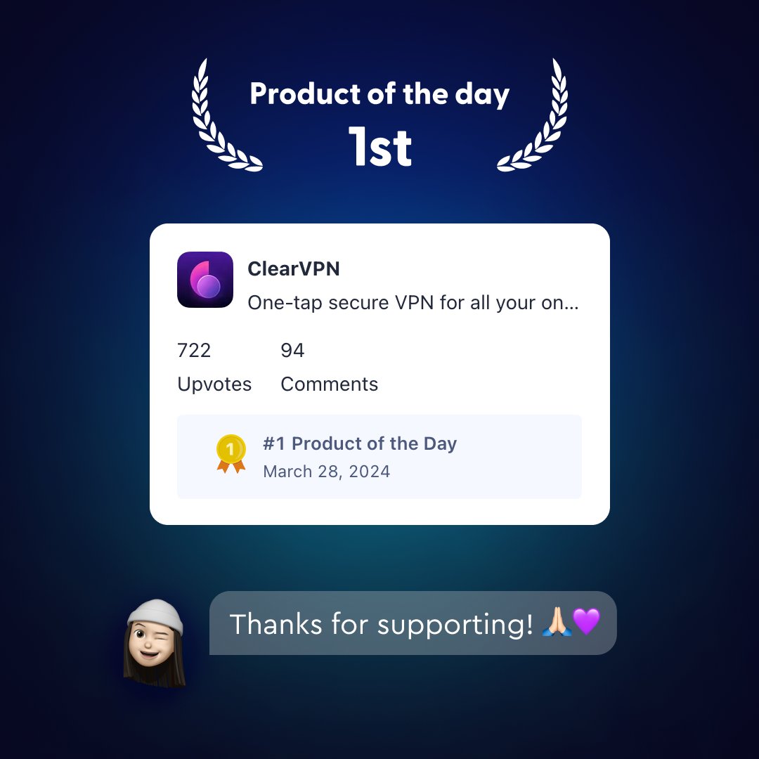 Thank you all for your incredible support on <a href="/ProductHunt/">Product Hunt 😸</a>! ClearVPN is now #1 Product of the Day 🥳

Your enthusiasm means the world to us 💙 Let's keep enhancing online security together!

producthunt.com/posts/clearvpn…