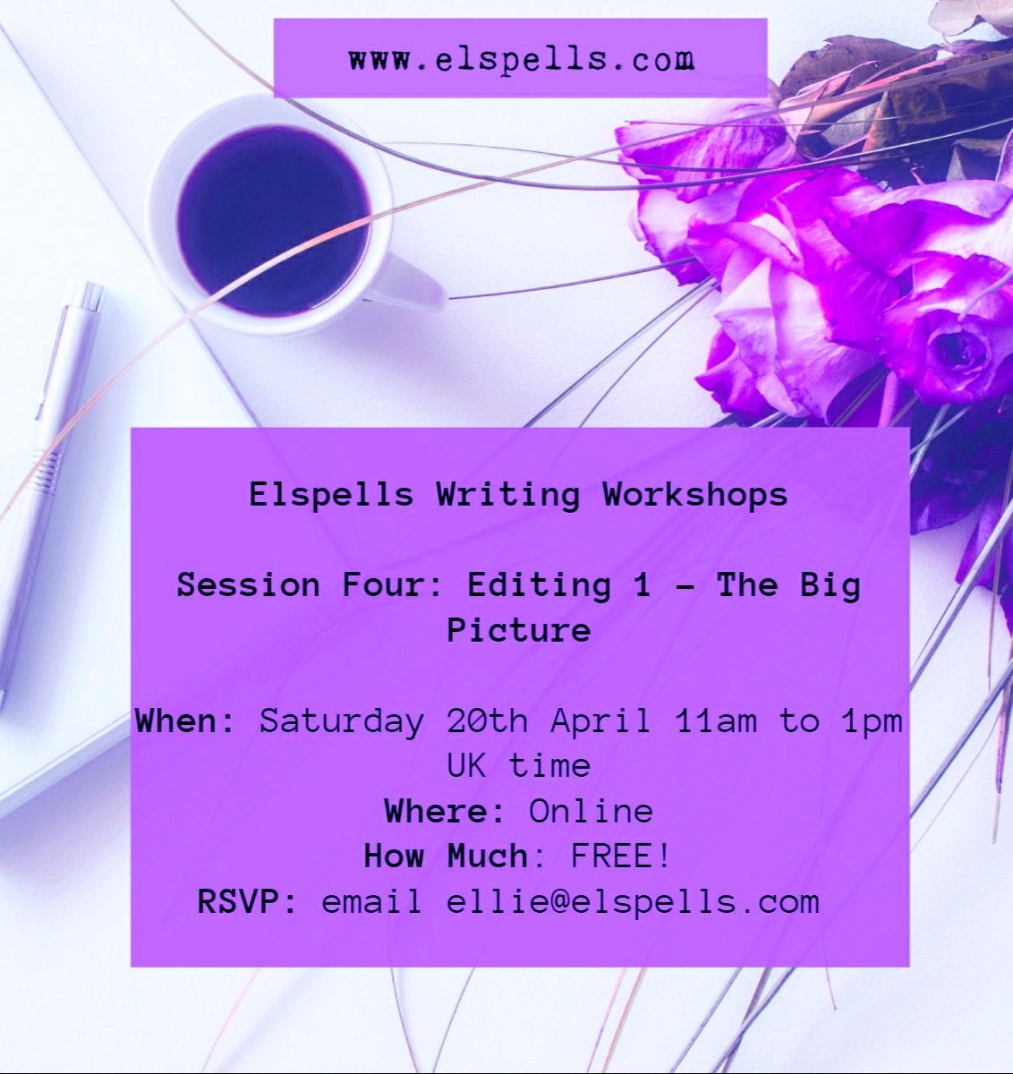 #Writers come and join us for the next session of #ElspellsWritingWorkshops on Sat 20th April - we'll be looking at my favourite topic: Editing! It's online, it's FREE, and we're a friendly bunch. Aimed at #newwriters but all welcome! Email to book a spot. elspells.com/2023/12/01/els…