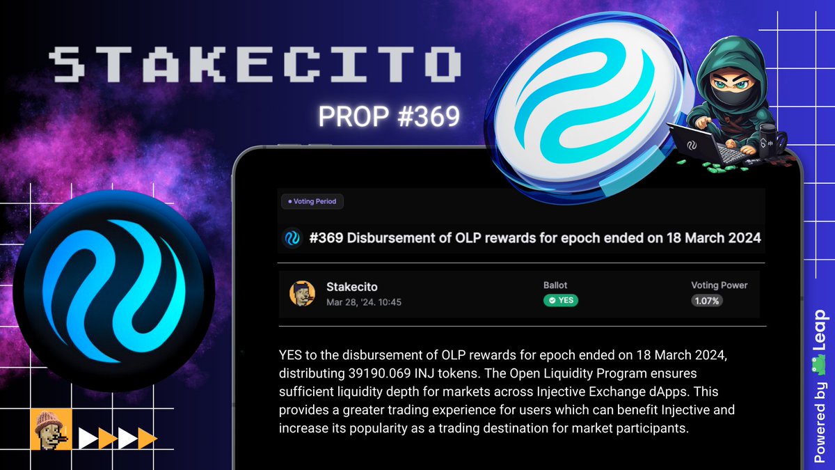 stakecito's tweet photo. Injective $INJ Prop #369 is live!
Disbursement of OLP rewards for epoch ended on 18 March 2024
Stakecito votes YES ✅
#VoteCito