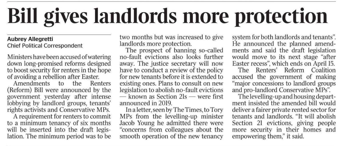 🏚️ #RentersReformBill gives landlords more protection. The way I see this; any good news for landlords, is good news for tentants! From The Times 👇