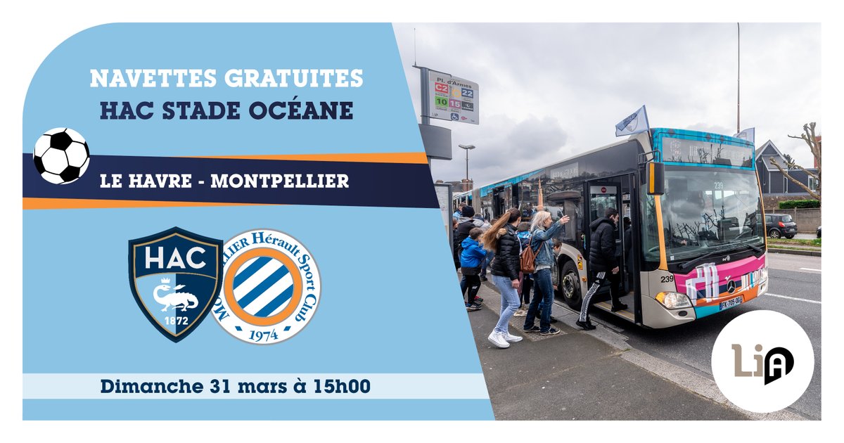 ⚽️ Dimanche 31 mars à 15h00, c'est jour de match au Stade Océane ! Pour vous y rendre, les navettes gratuites vous attendent à partir de 13h00 au départ de : 🚏 Le Havre Gares 🚏 Montivilliers Gare 🚏 Harfleur F. Engels Horaires et itinéraires 👉 bit.ly/3VrKctj