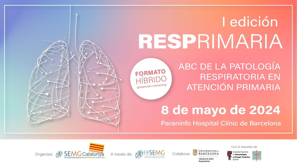 🫁 Dada la urgente necesidad de disminuir el infradiagnóstico de enfermedades respiratorias, surge la idea en #SEMGCatalunya de realizar la I Jornada dedicada a la actualización de la #neumología en #AtenciónPrimaria: ➡️ #RESPrimaria: ABC DE LA PATOLOGÍA RESPIRATORIA EN AP