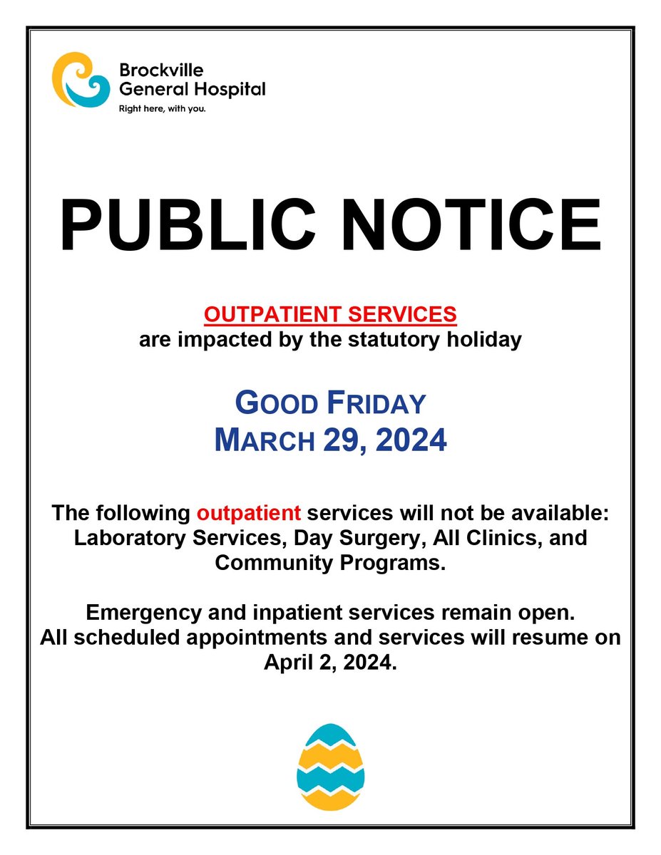 NOTICE: Outpatient services are impacted by the Good Friday holiday. All inpatient and emergency services are operating as usual. Outpatient services will resume on Tuesday, April 2. Thank you to our healthcare workers who continue to provide great quality care this weekend!