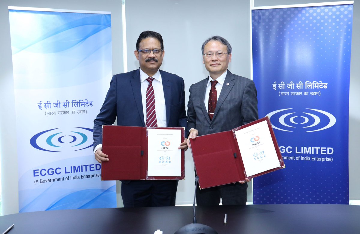 ecgclimited's tweet photo. ECGC Limited (ECGC), India's leading Export Credit Agency (ECA), and Nippon Export Investment Insurance (NEXI), Japan's export credit agency, have signed a Reinsurance Framework Agreement to boost support for exports by India-affiliated companies in Japan and vice versa.
@DoC_GoI https://t.co/8EZM3vcau0