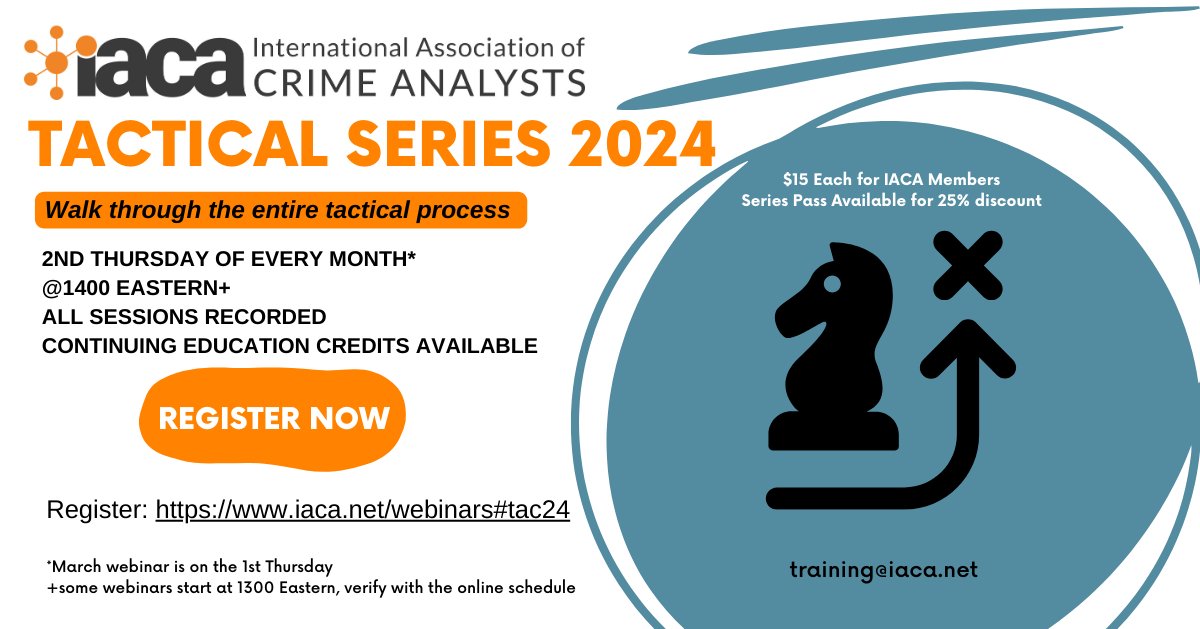 crimeanalysts's tweet image. Join us for the next session of the 2024 webinar series! Learn best practices for conducting tactical crime analysis!
Tactical Series 2024-04 Overview of Pattern Analysis 1 
April 11 @ 1400 ET
iaca.net/webinars
#tacticalanalysis #crimeanalyst #crimeanalysis #patternanalysis
