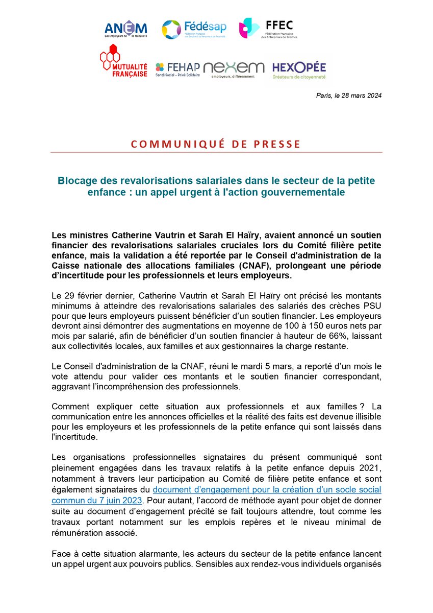 Hexopee_off's tweet photo. 🚨 Blocage des revalorisations salariales dans la petite enfance : appel urgent à l'action gouvernementale. Les ministres Vautrin et El Haïry ont promis un soutien crucial, mais la validation a été reportée par la Cnaf, plongeant professionnels et employeurs dans incertitude. https://t.co/ZCME45x6kf
