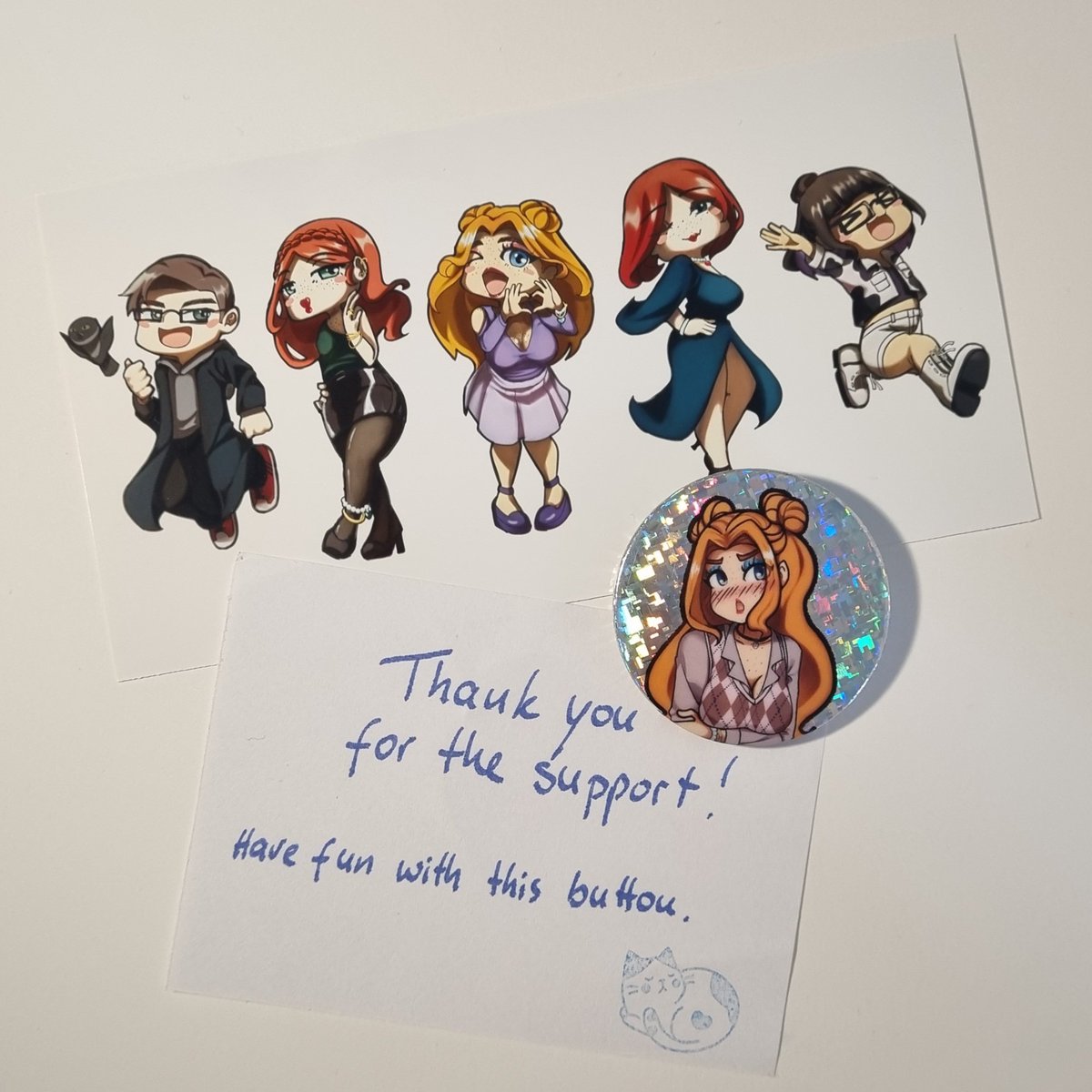 A while back, I was one of the 3 lucky winners of a raffel by <a href="/VNicoletteReid/">Life of Vivian | comics and art</a> !
I got this absolutely adorable button that I now keep on my bag, I absolutely love it x3 
In addition, I also got an adorable drawing of <a href="/VNicoletteReid/">Life of Vivian | comics and art</a> 's and their friend's Oc's and Personas!