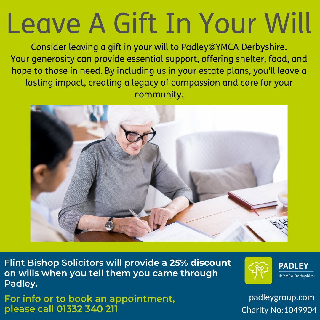 Including a gift to Padley is straightforward- even if you have already written a will, it's easy to add a gift!

For more info and to book an appointment, please call 01332 340 211.

#Thankyou #HomelessnessPrevention #CommunitySupport #Homelessness #Support #Donate
