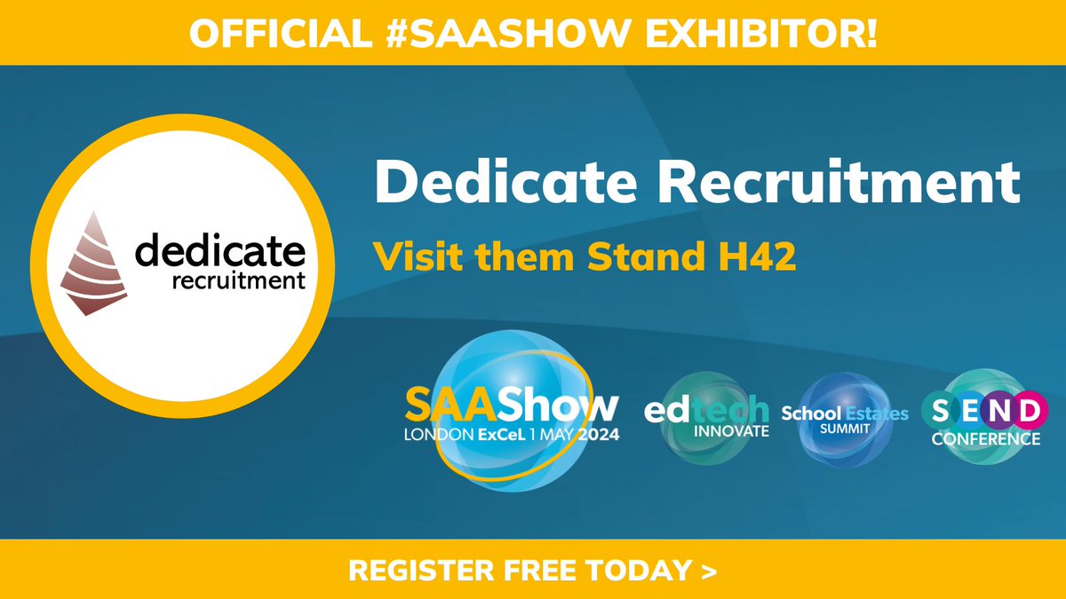 👀 Look who's exhibiting at the #SAASHOW! @dedicaterecruit are a leading UK specialist in the appointment of #education support staff, operating in HR, Finance, Administration & Site Management. Visit them at Stand H42 to find out more! hubs.la/Q02nc1yS0 #FanSAAStic