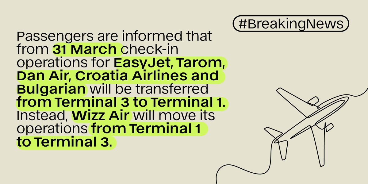 Passengers are informed that from 31 March check-in operations for EasyJet, Tarom, Dan Air, Croatia Airlines and Bulgarian will be transferred from Terminal 3 to Terminal 1. Instead, Wizz Air will move its operations from Terminal 1 to Terminal 3.