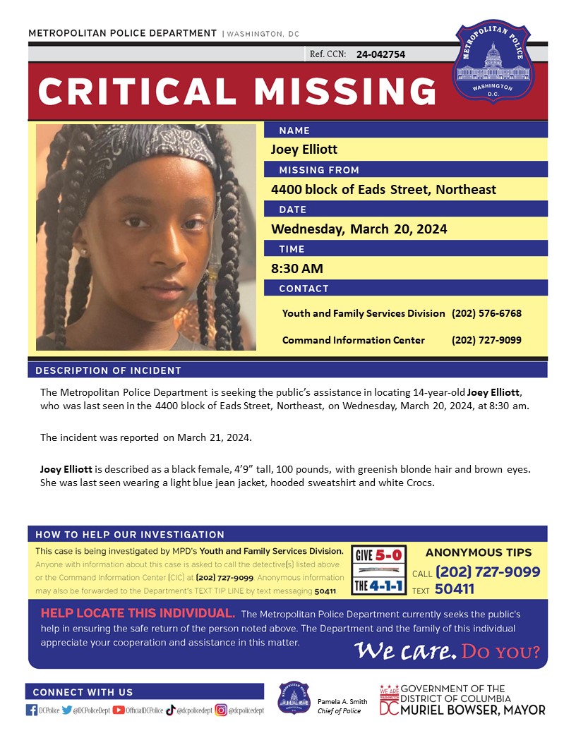 Critical #MissingPerson 14-year-old Joey Elliott, who was last seen in the 4400 block of Eads Street, Northeast, on Wednesday, March 20, 2024, at 8:30 am. Have info? Call 202-727-9099 or text 50411.