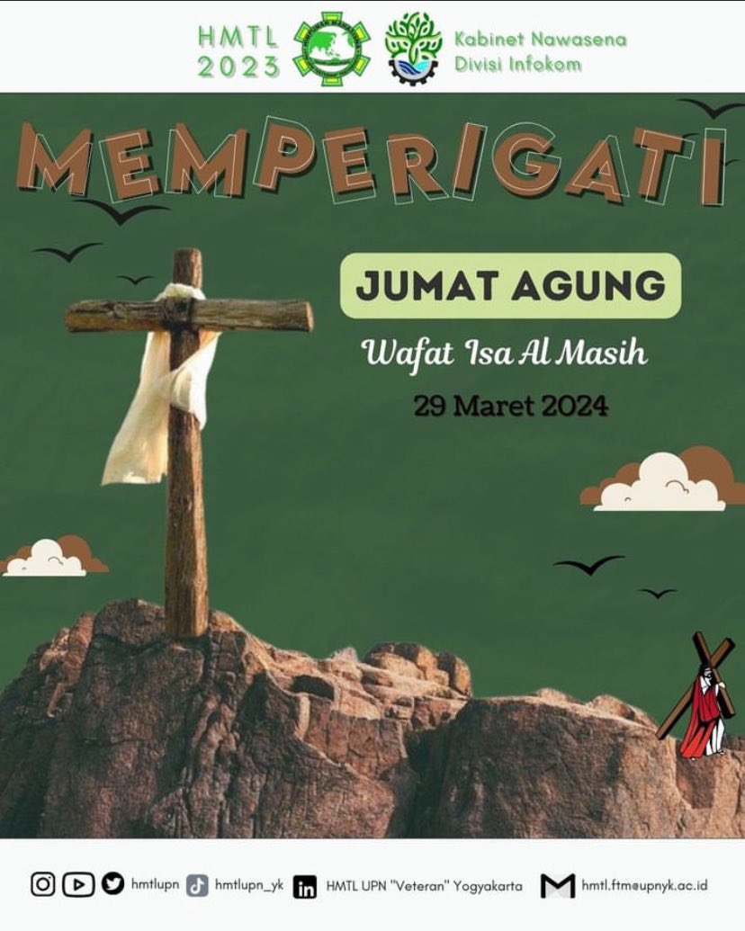 [SELAMAT MEMPERINGATI JUMAT AGUNG]

Selamat memperingati Wafatnya Isa Almasih.

Hari untuk merenungkan kasih tanpa syarat yang telah ditunjukkan kepada manusia. Semoga kita semua merasakan kedamaian dalam pengorbanan-Nya ❤️

#Nawasena
#JumatAgung
#HMTL2023