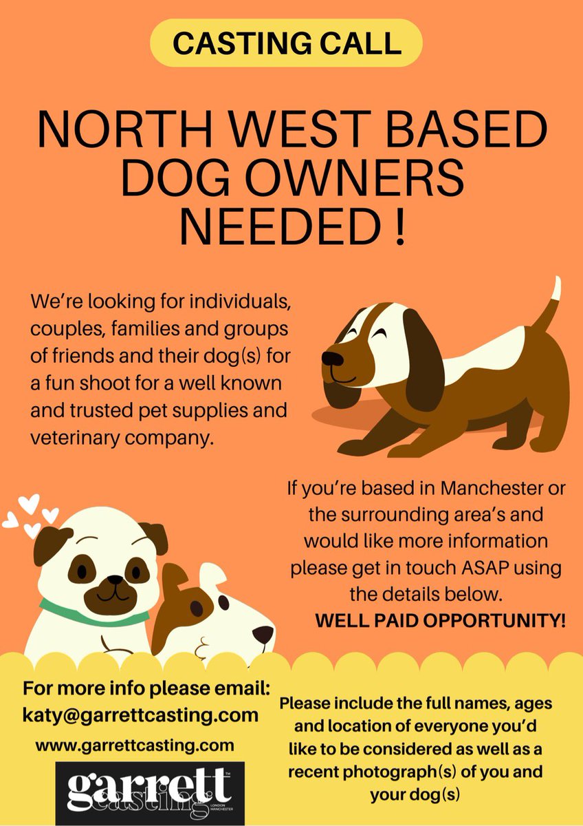 FilmTVCallsUK's tweet image. Looking for NW best Dog owners for an ad campaign for a well known pet supplies and veterinary company. Please get in touch using the details on the flyer for more info ASAP. Well paid opportunity 🐶 🐩 🐕 #dogowners #dogcasting