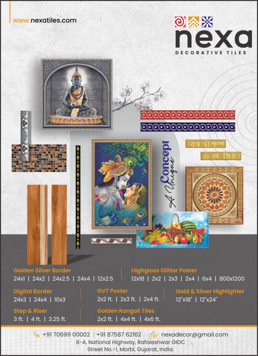 Nexa Decorative Tiles, Ceramic Decorator, Ceramic India, 
ceramicindia.com/company-detail…
Decorative Tiles, 
#ceramic  #3dtiles #decorators #decorative #woodplanks #border #god #picture #poster #step #riser #india #morbi #gujarat #manufacturers #tiles #exporter #digital