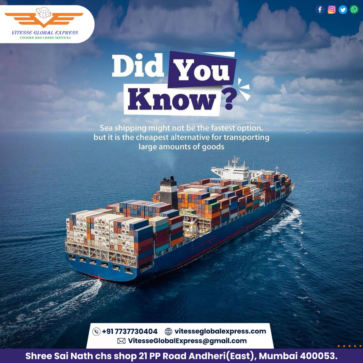 🌊 Did You Know? 🚢

Looking for a cost-effective way to transport large quantities of goods? Look no further! 
Contact us today at +917737730404 or visit vitesseglobalexpress.com 
🌐 #SeaShipping #Logistics #AffordableTransportation