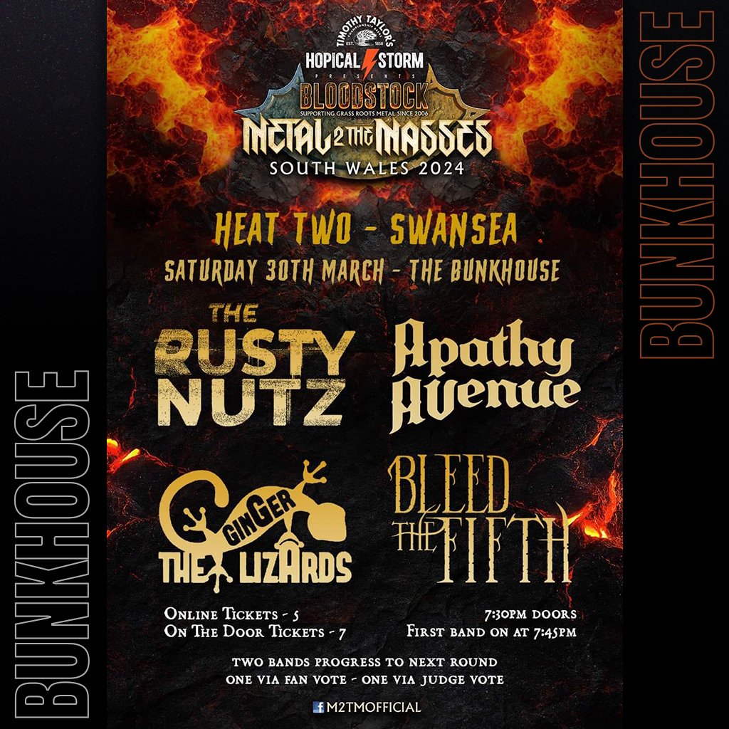 𝙎𝘼𝙏𝙐𝙍𝘿𝘼𝙔‼️ Tomorrow the #Swansea battle of 'South Wales METAL 2 THE MASSES' continues!🔥 Bands compete for the coveted slot at #BloodstockFestival!💀 SWANSEA H2: @TheRustyNutz @ApathyAvenue The Ginger Lizards Bleed The Fifth 🕕Doors 18.00 🎟️£5 ticket247.co.uk/Event/bloodsto…