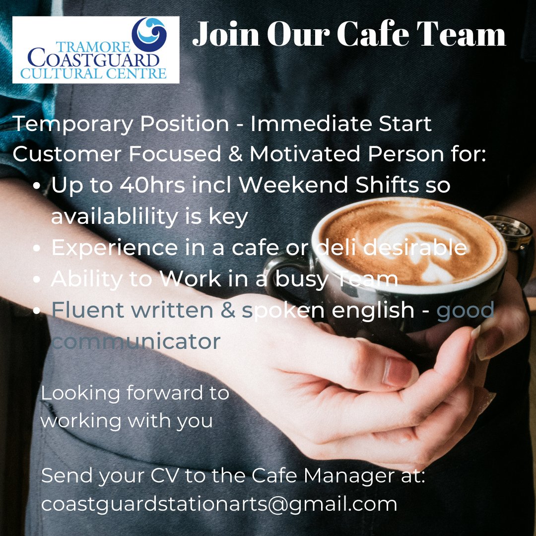 We're hiring!! If you are interesed in the position please contact the Cafe Manager by email at: coastguardstationarts@gmail.com.