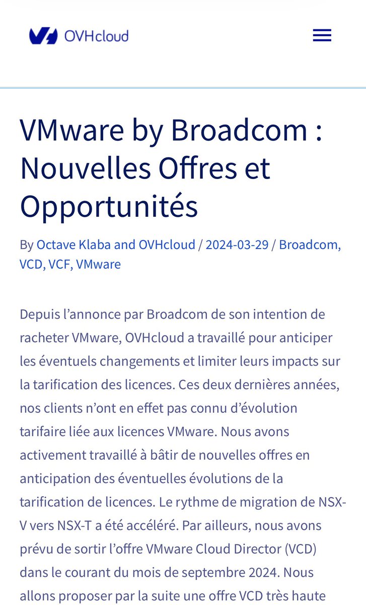 Suite au rachat de VMware par Broadcom
voici les evolutions qu’on a préparé et qu’on
finit de mettre en place.

N'hésitez pas poser de questions.

blog.ovhcloud.com/vmware-on-ovhc…