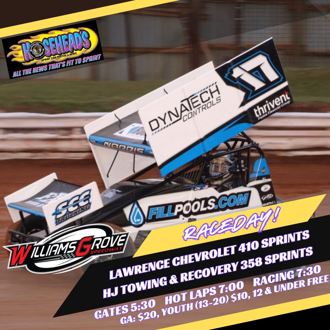 It’s Raceday

Featuring the Lawrence Chevrolet 410 Sprint Cars and HJ Towing &amp; Recovery 358 Sprint Cars

Gates: 5:30
Hot Laps: 7:00
Racing: 7:30

GA: $20, Youth (13-20) $10, 12 &amp; Under FREE. Pits $30.

First 100 kids 12 &amp; under through front gates receive Easter treat!