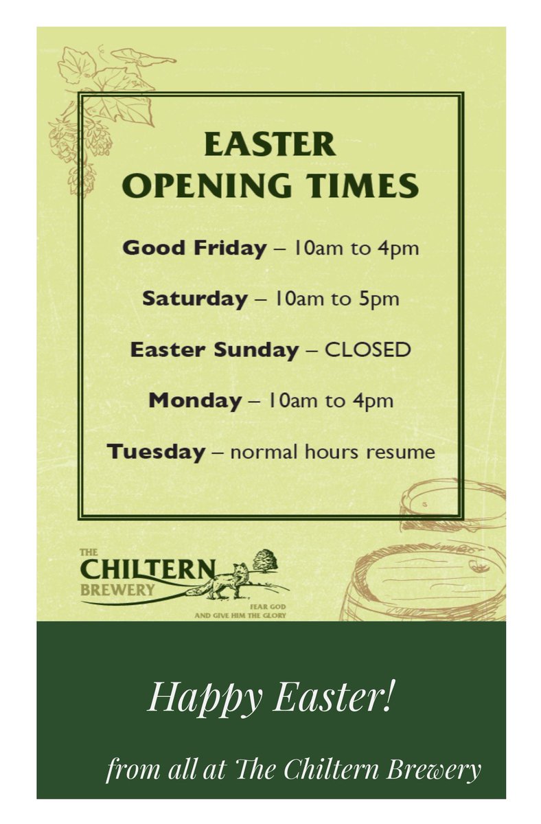 Good morning! . We’re open today for your beer for Easter weekend! . Our opening hours over the weekend are below too. . Happy Easter!