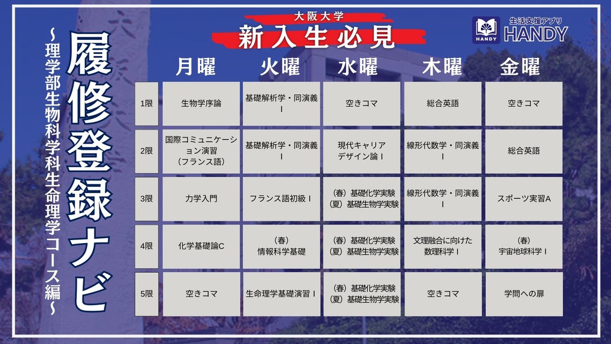 【✨新入生向け✨】
履修登録ナビ！
理学部生物科学科生命理学コース編です

「フルコマにはオンラインを挟みたいよね」

阪大生専用アプリHANDY
阪大生のあったらいいなに答え続けるアプリです！

#春から阪大 #阪大 #大阪大学 #新入生 #新歓 #アプリ