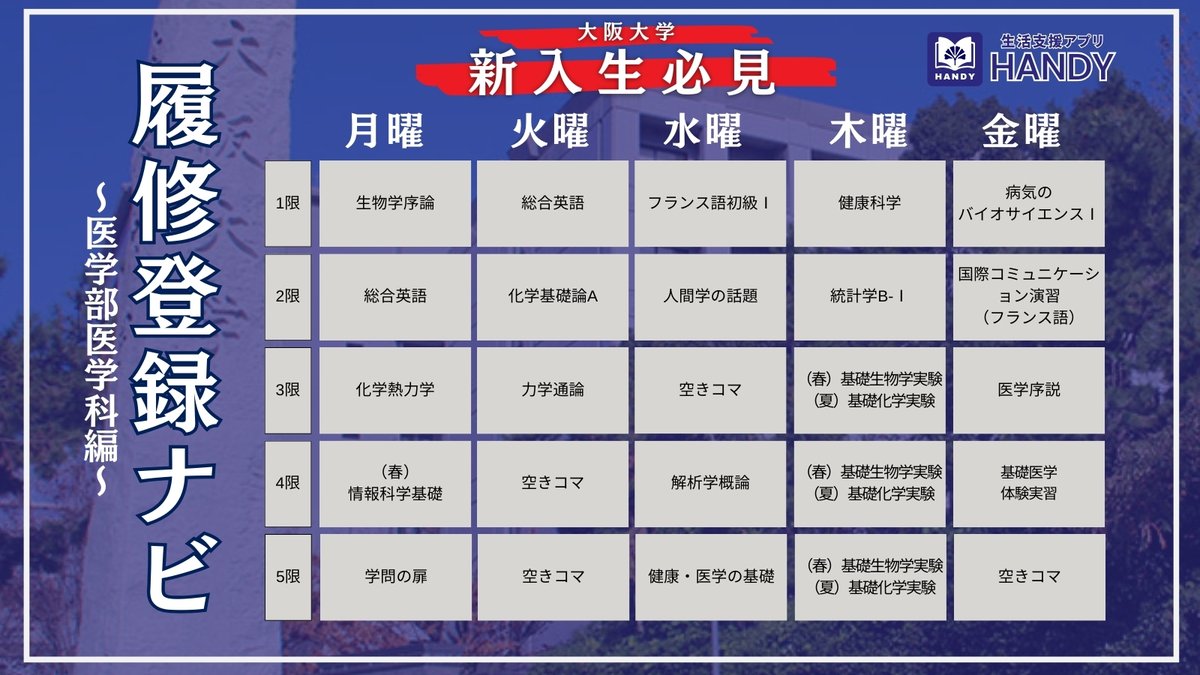 【✨新入生向け✨】
履修登録ナビ！
医学部医学科編です

「部活やサークルの活動時間を調べてから履修登録した方がいいかもよ」

阪大生専用アプリHANDY
阪大生のあったらいいなに答え続けるアプリです！

#春から阪大 #阪大 #大阪大学 #新入生 #新歓 #アプリ