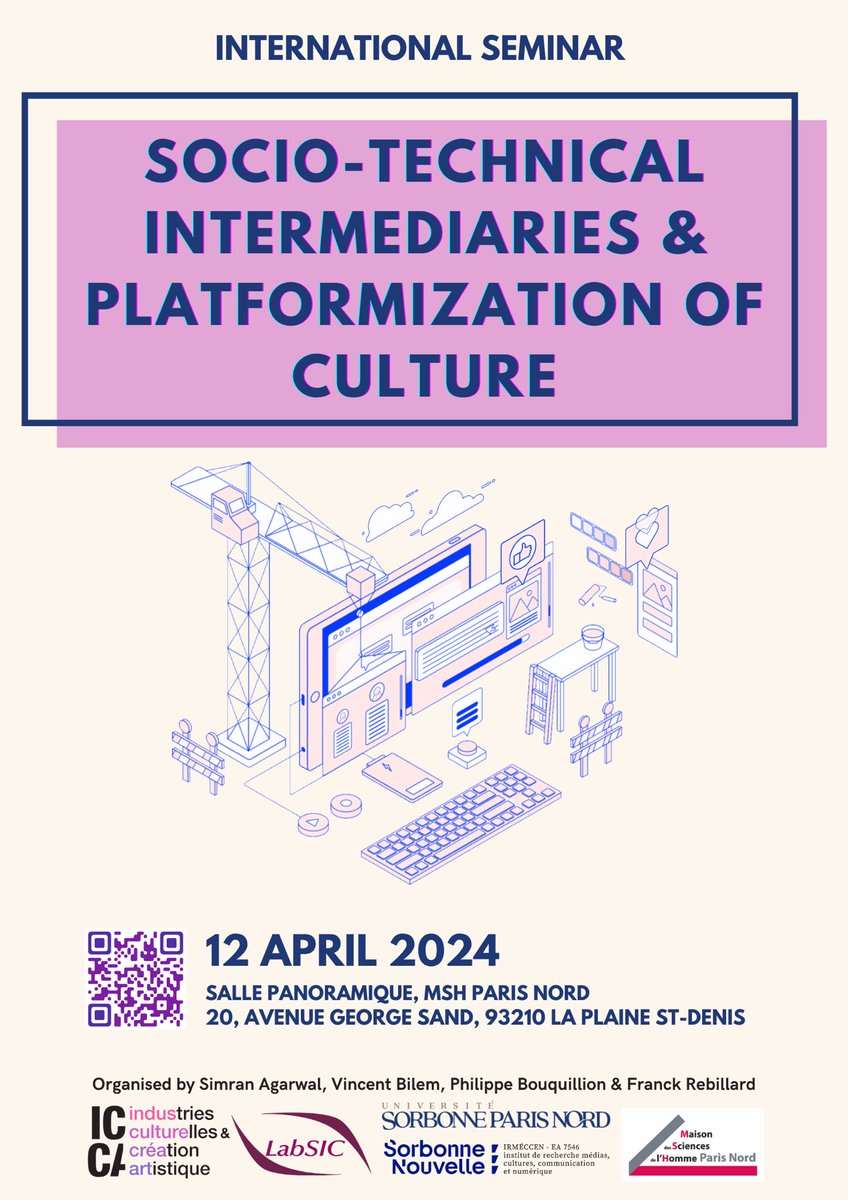 We’re super excited to announce the international seminar ‘Socio-technical intermediaries &amp; platformization of culture’ on 12 April, Paris. We hope to launch discussions on the meso-layer of cultural intermediaries involved in platformization. Reg &amp; info: mcusercontent.com/fbd34d23cdce4b…