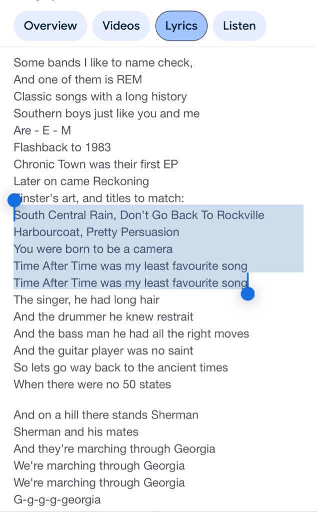 Pavement “the unseen power of the picket fence” has an entire verse just listing songs from REM’s Reckoning
