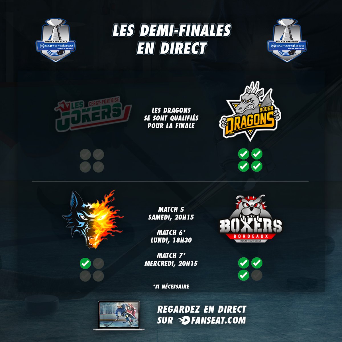 🏒🇫🇷 Match 5 de la semi-finale entre les Brûleurs de Loups et les Boxers à venir demain... 📺 La @LigueMagnus en direct sur FANSEAT #SLMHockey