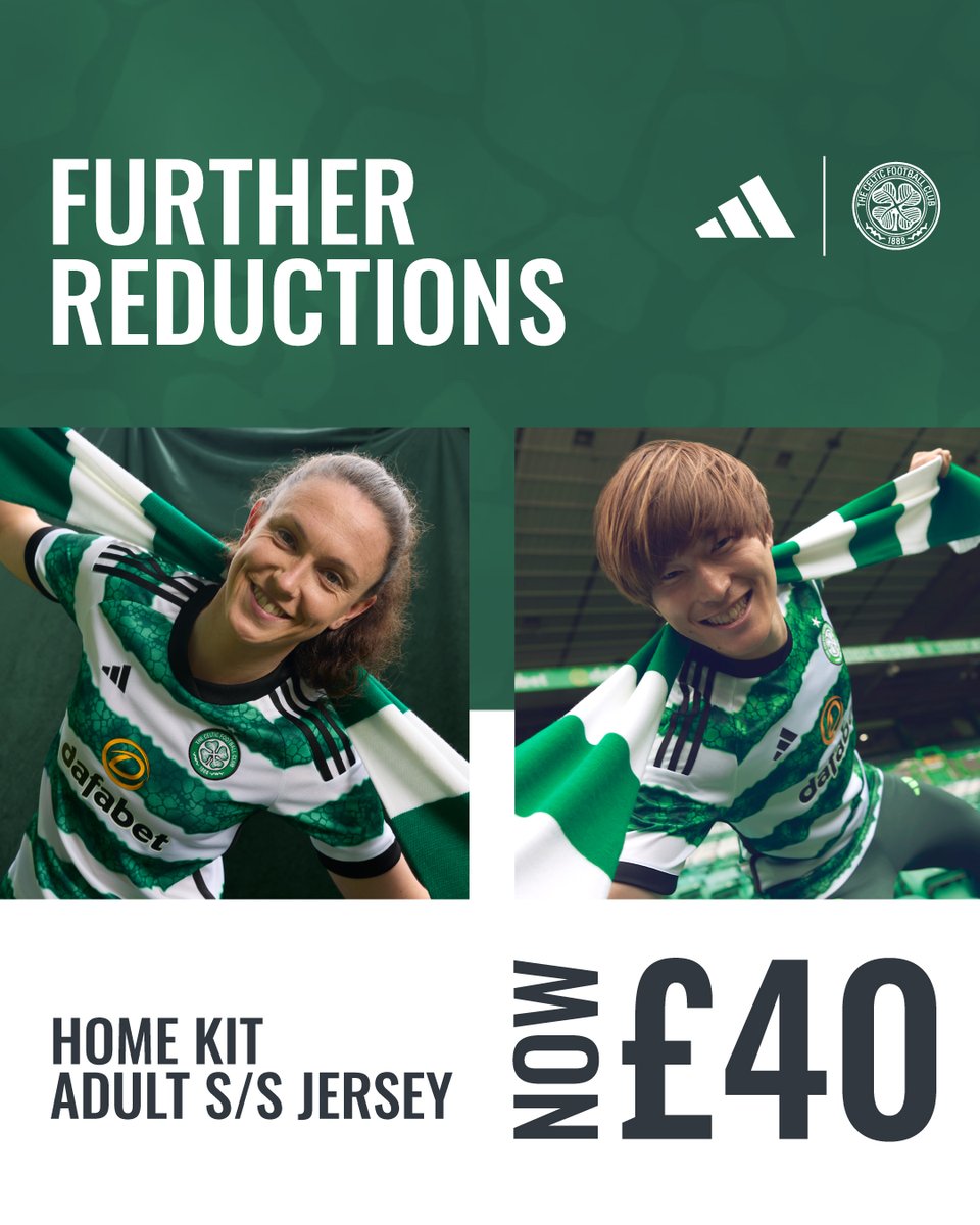 Even bigger bargains on the 2023/24 hoops 💚🤍 This season's home kit has been even further reduced, with the short sleeve jersey £40, and the junior shirt just £30 💷🔥 Shop here 🛒 tinyurl.com/28yey9u5