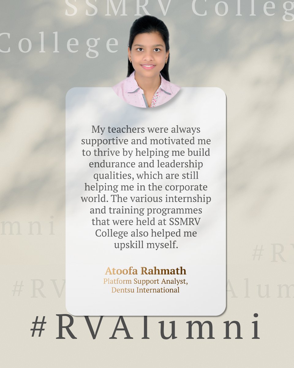Hear from our esteemed alumna, Atoofa Rahmath, on how the supportive environment, mentorship and skill-building opportunities prepared her for success in the corporate world. Stay tuned for more inspiring stories from our alumni community. 
#RVAlumni #SSMRV #GoChangeTheWorld