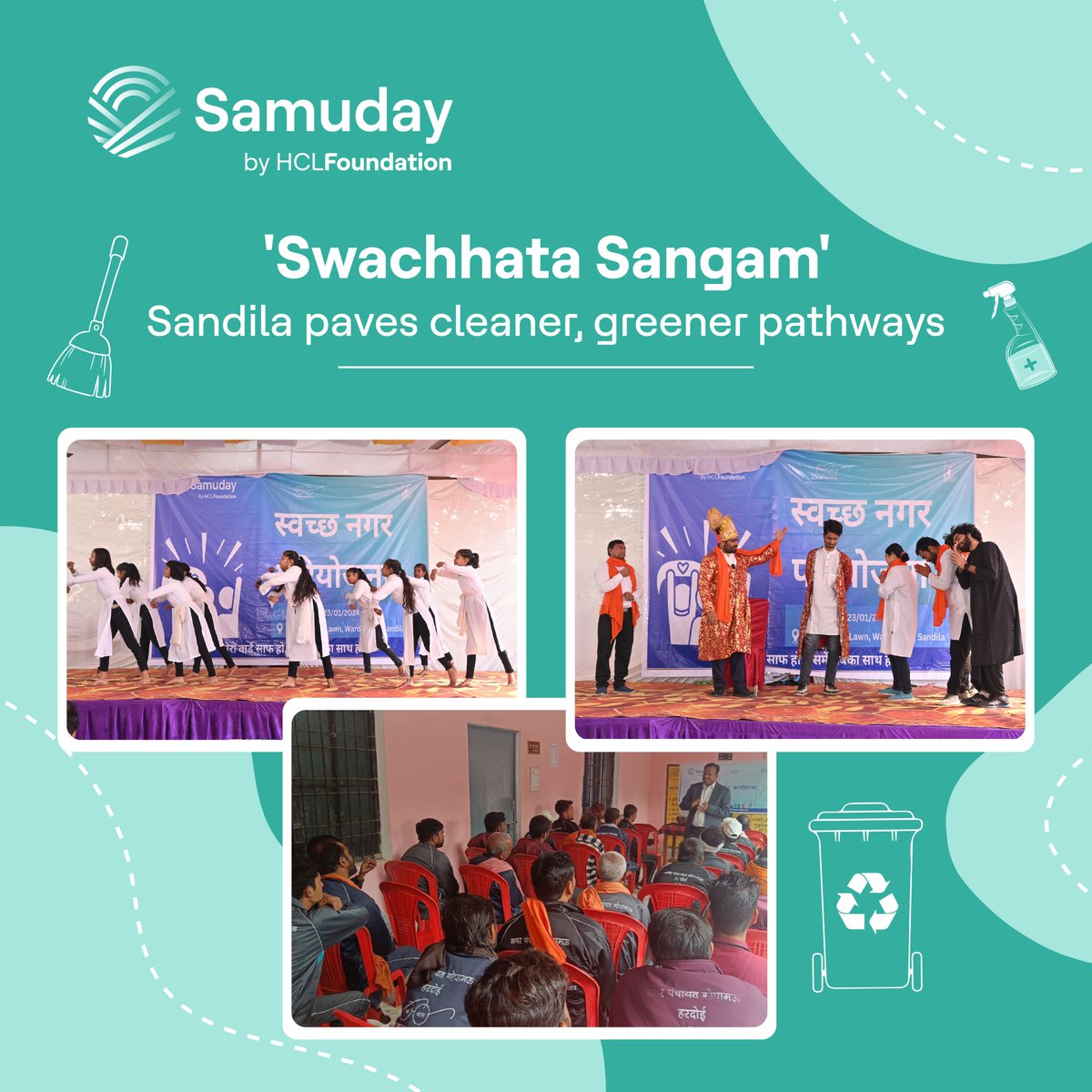 To raise awareness about #solidwastemanagement & best #sanitation practices, Samuday organised 'Swachhata Sangam' at Sandila Nagar Palika Parishad, Hardoi.​ In the event, residents learned about best practices for a #cleanerenvironment through engaging activities.

#HCLFoundation