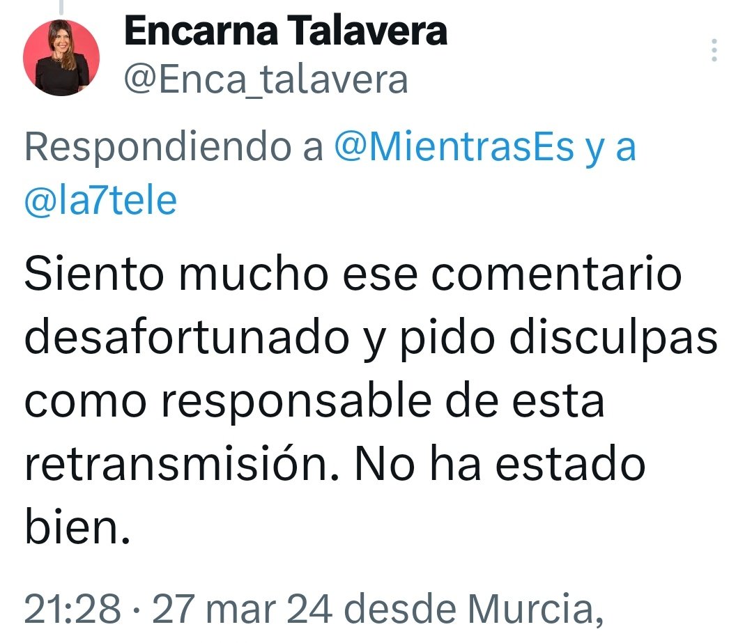 @Andres62Ct Encarna ya respondió por el grave y desafortunado comentario de este #impresentable Qué pensó que el tirito a #LasemanasantadeCartagena quedaría impune en la retransmisión del miércoles desde Murcia.