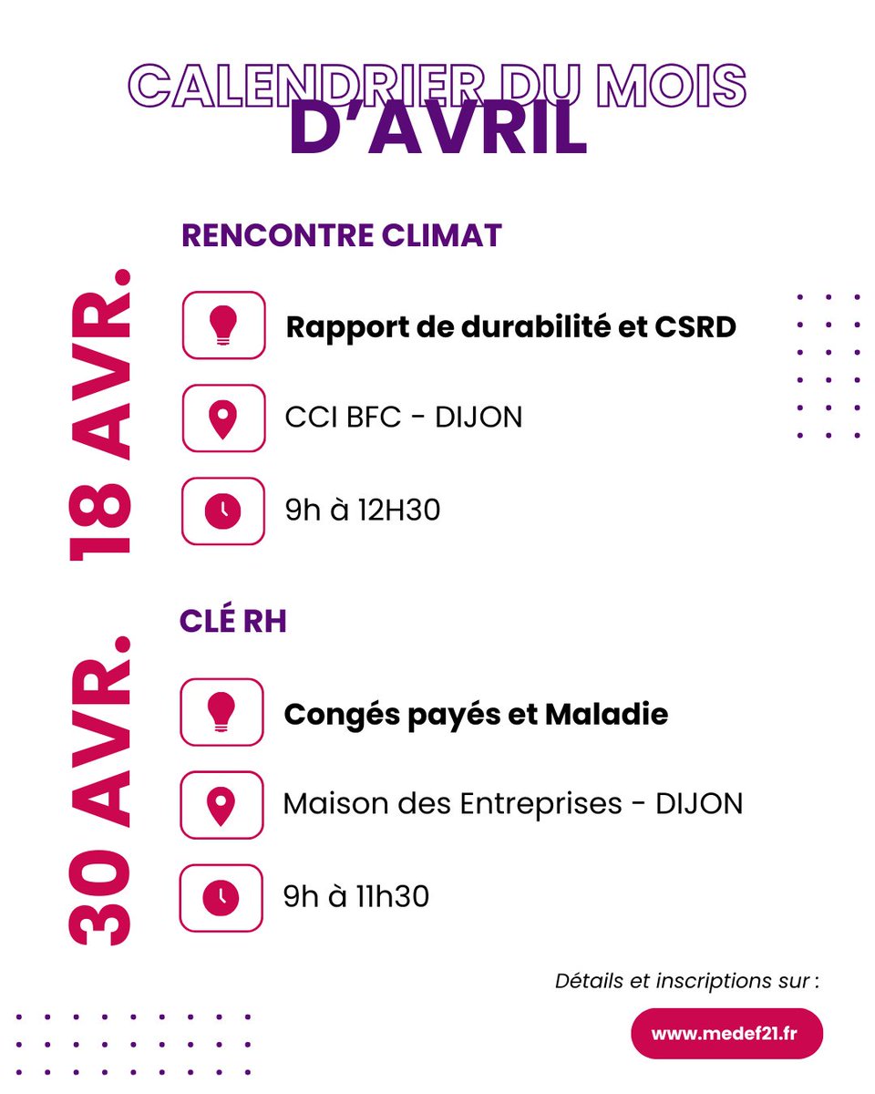 🍃 Vous l’attendiez, l’agenda des évènements d’avril est là !

👀 Pour l’arrivée du printemps, venez découvrir et participer aux nombreux événements que propose le MEDEF Côte-d’Or.

👉Rendez-vous sur notre site web pour plus d’informations.

 #medef21