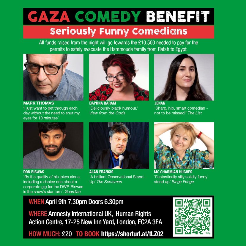 A fabulous night of hilarity for a great cause. What’s not to love! Tickets selling fast. #SaveGaza @PSCupdates @AmnestyMENA @markthomasinfo