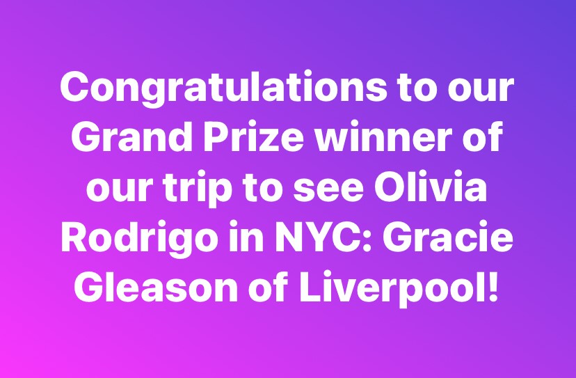 Thank you for your hundreds of entries! Our random winner - Gracie Gleason of Liverpool and a guest will see Olivia Rodrigo's GUTS World Tour 4/6! Thanks to Interscope/Geffen/A&M Records, and Matthews Auto Group! @93QSyracuse