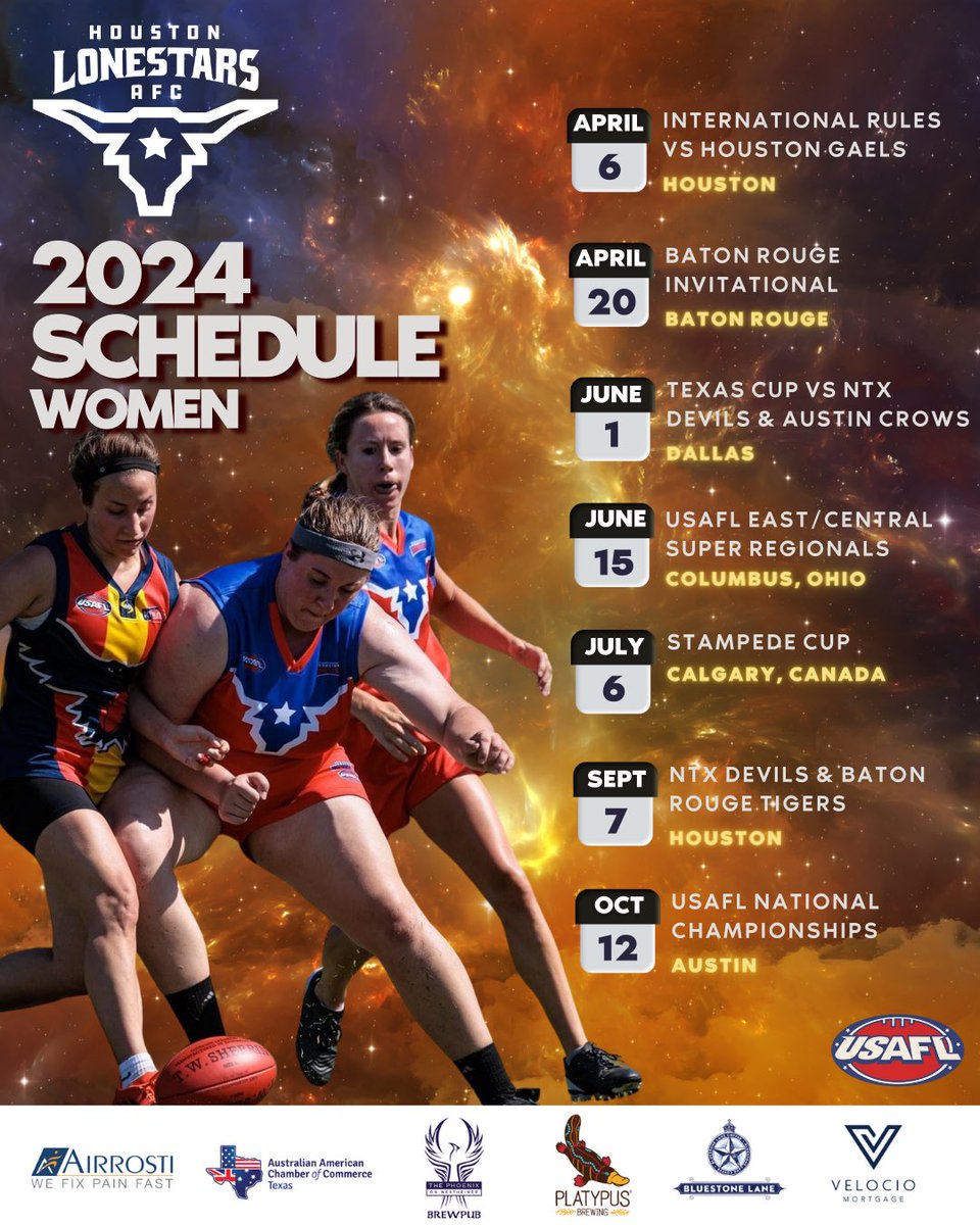 SEASON 2024 is ready for lift off in H-Town! 🚀 Our Men &amp; Womens schedules are set and we’re looking forward to some exciting trips up north to Calgary &amp; Columbus as well as our Texas &amp; Louisiana regular stomping grounds. <a href="/USAFL1997/">USAFL</a> 
Practices: Wed 6.30pm|Sat 10am @ Bendwood Park