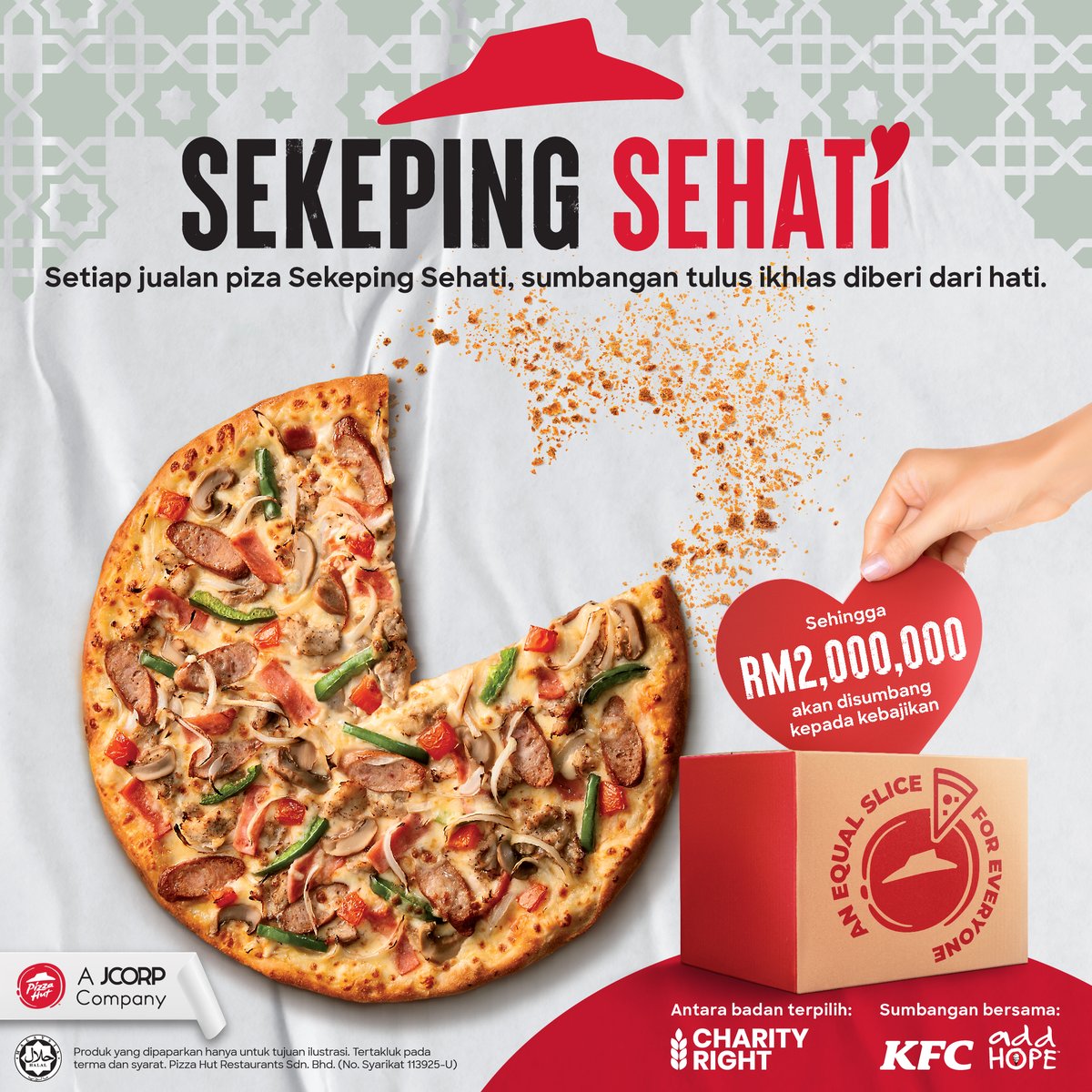 Lebih dari 1 dalam 10 kanak-kanak di Malaysia makan kurang daripada 3 kali sehari. Kempen Sehati adalah kerjasama Pizza Hut dan KFC dalam membantu insan-insan yang memerlukan dalam aspek sosial dan pembelajaran melalui sumbangan ke program Feed to Educate oleh Charity Right