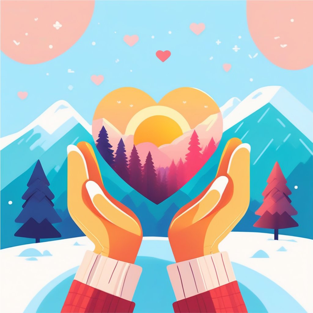 Stockimg vector model can generate illustrations like this in seconds. Prompt: Woman hands in winter gloves Heart symbol shaped Lifestyle and Feelings concept with sunset light nature on background.